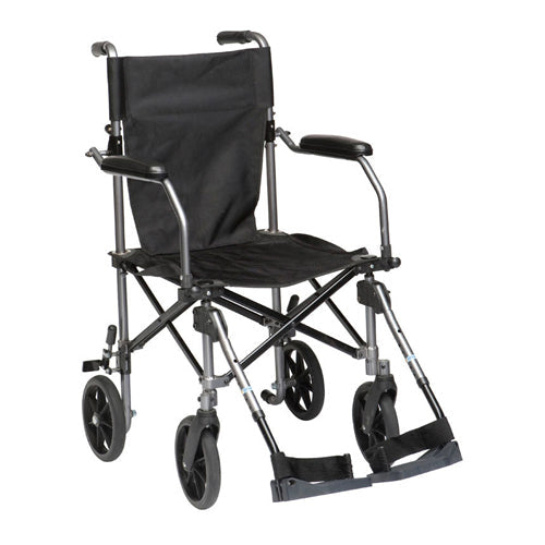 Drive Medical Travelite Transport Chair, 18-inch seat, foldable design in gunmetal gray with carry bag at Moovkart