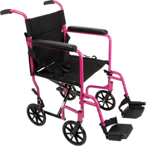 ProBasics Aluminum Lightweight Transport Wheelchair, 19-Inch Seat, Pink, with foldable frame and padded armrests for Smooth mobility. Moovkart