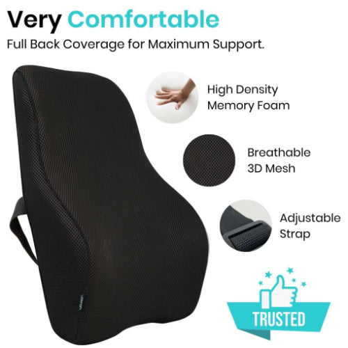 Vive Health Full Lumbar Cushion, Memory Foam, Mesh Cover With Strap, Black