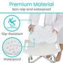 Close-up of Vive Health shower seat cushion with contoured surface and quick-drain design, Moovkart.