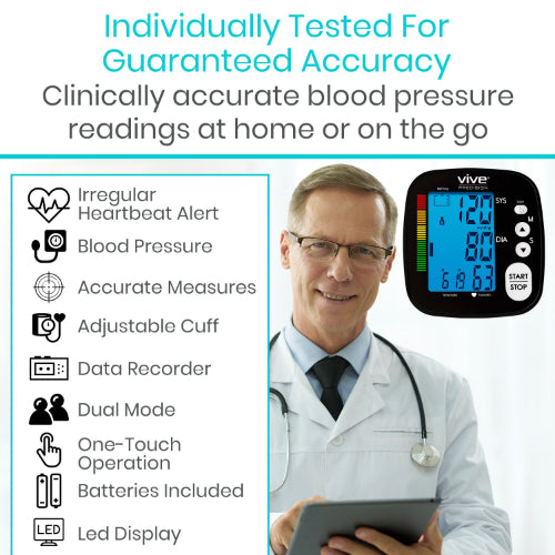 Vive Health Basic Blood Pressure Monitor, 2 User Memory, Cuff, Black