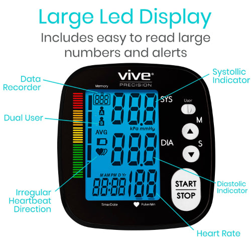 Vive Health Basic Blood Pressure Monitor, 2 User Memory, Cuff, Black