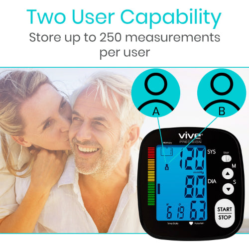 Vive Health Basic Blood Pressure Monitor, 2 User Memory, Cuff, Black