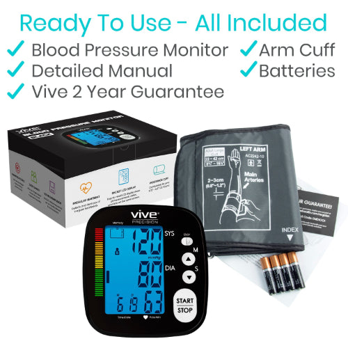 Vive Health Basic Blood Pressure Monitor, 2 User Memory, Cuff, Black