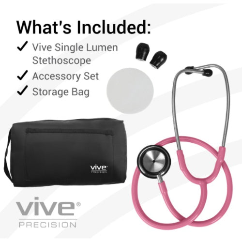Vive Health Stethoscope, 22 Inches Stainless Steel, Pouch, Pink