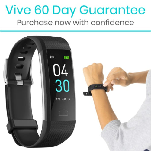 Vive Health Fitness Tracker Wristband with App, Usb Rechargeable, Touch Screen, Black