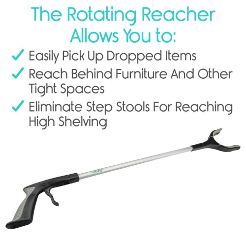 Vive Health Rotating Reacher Grabber, 32 Inches Brushed Aluminum, Claw