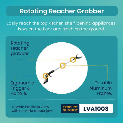 Vive Health Rotating Reacher Grabber, 32 Inches Brushed Aluminum, Claw