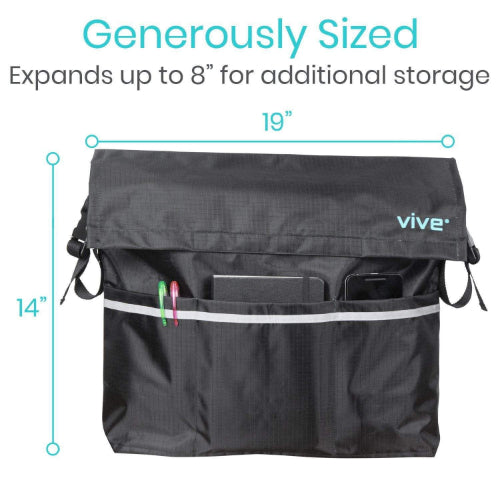 Vive Health Wheelchair Bag, Waterproof Nylon, Buckled Straps, Black