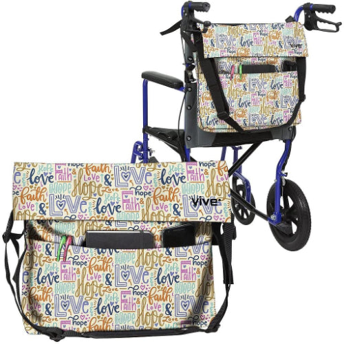 Vive Health Wheelchair Bag, Waterproof Nylon, Buckled Straps, Hope/Faith/Love Print