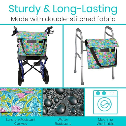 Vive Health Wheelchair Bag, Waterproof Nylon, Buckled Straps, Green Paisley