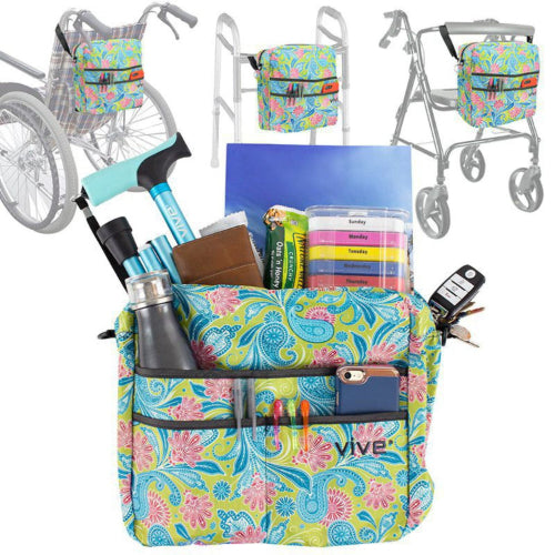 Vive Health Wheelchair Bag, Waterproof Nylon, Buckled Straps, Green Paisley