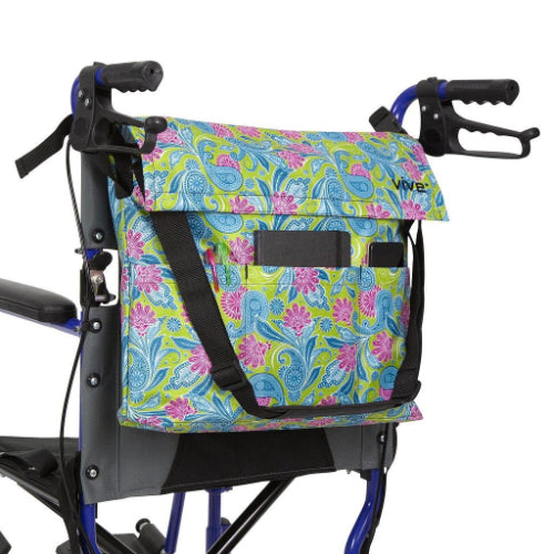 Vive Health Wheelchair Bag, Waterproof Nylon, Buckled Straps, Green Paisley