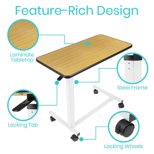 Vive Health Rolling Overbed Table with Height Adjustable