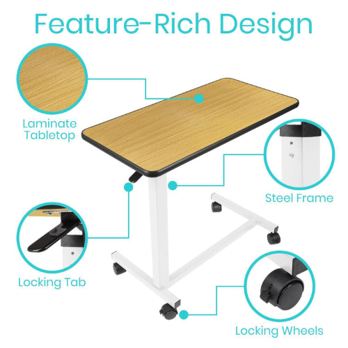 Vive Health Rolling Overbed Table, Steel Frame, Laminate Top, Height Adjustable