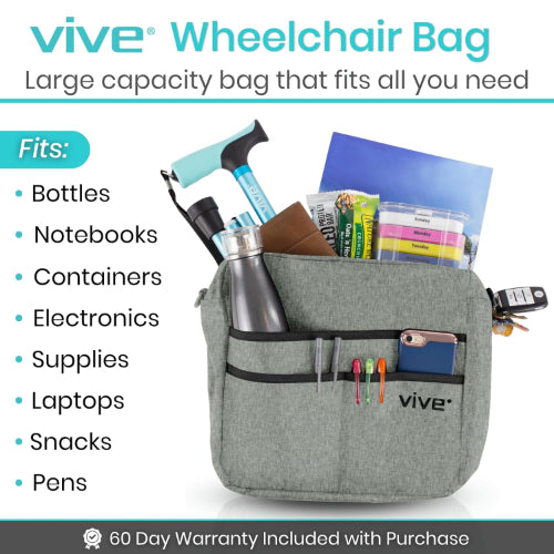 Vive Health Rollator Bag, Gray, Waterproof Nylon with 5 Exterior Pockets and Shoulder Strap