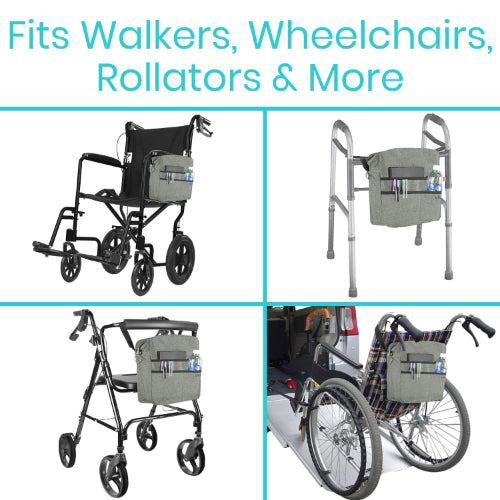 Vive Health Rollator Bag, Gray, Waterproof Nylon with 5 Exterior Pockets and Shoulder Strap