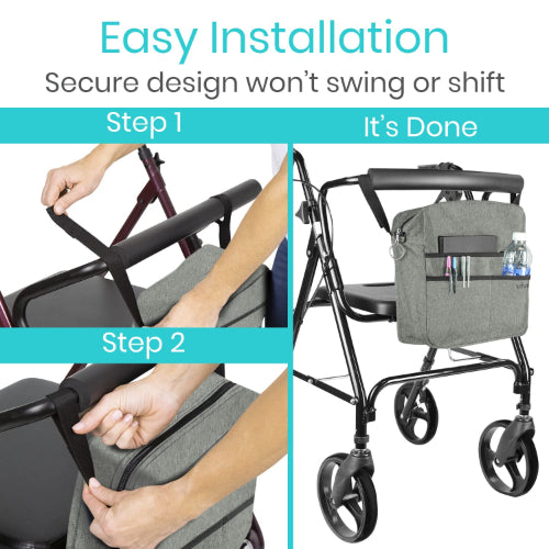 Vive Health Rollator Bag, Gray, Waterproof Nylon with 5 Exterior Pockets and Shoulder Strap