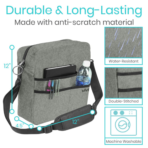 Vive Health Rollator Bag, Gray, Waterproof Nylon with 5 Exterior Pockets and Shoulder Strap