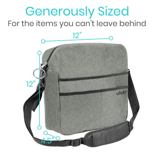 Vive Health Rollator Bag, Gray, Waterproof Nylon with 5 Exterior Pockets and Shoulder Strap