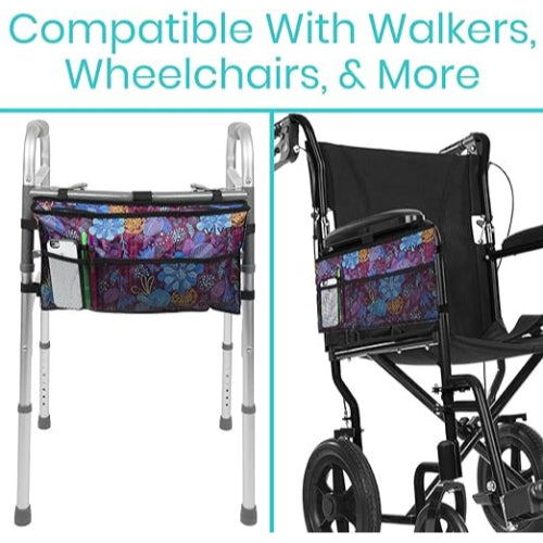 Vive Health Walker Bag with Adjustable Fasteners, Water Resistant Nylon, Purple Floral