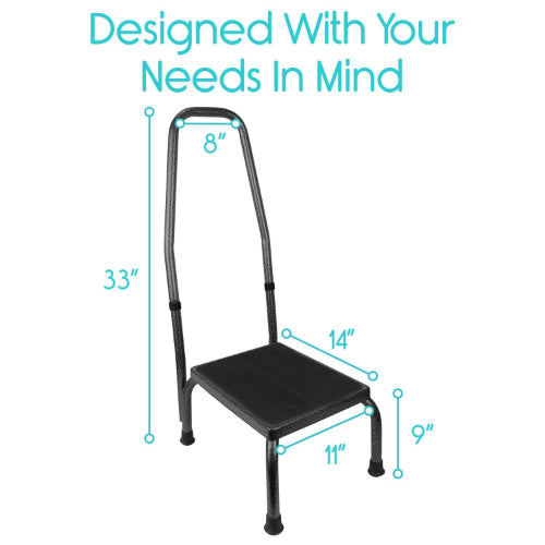 Vive Health Steel Step Stool with Handrail, Black, 9 Inches