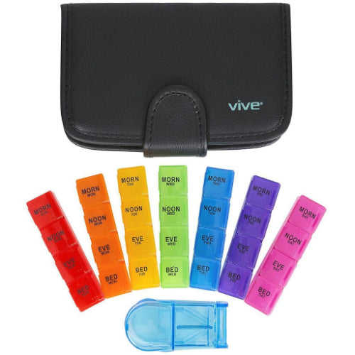 Vive Health Travel Pill Organizer, 7 Days, 4 Sections, Pill Splitter, Black Leather Case, 7.5" X 4.8"