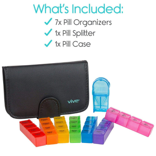 Vive Health 7-Day Travel Pill Organizer with 4 Sections and Pill Splitter, Black Leather Case