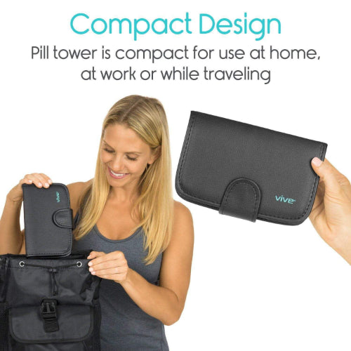 Vive Health 7-Day Travel Pill Organizer with 4 Sections and Pill Splitter, Black Leather Case