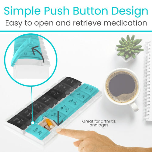 Vive Health Am/Pm Pill Organizer, Push-Button Lids, Detachable