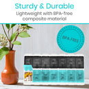 Vive Health AM/PM Pill Organizer with Color-Coded Push-Button Lids and Removable Trays