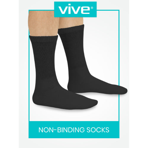 Vive Health Non-Binding Crew Socks, Breathable, Loose Fit, 6 Pairs, Black, Large