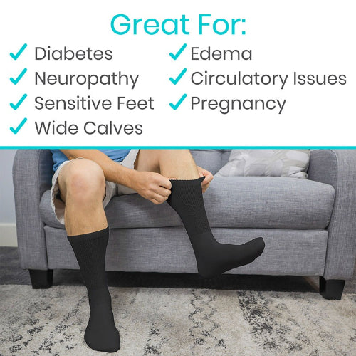 Vive Health Non-Binding Crew Socks, Breathable, Loose Fit, 6 Pairs, Black, Large