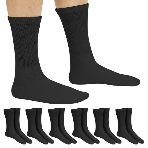 Vive Health Non-Binding Crew Socks, Breathable, Loose Fit, 6 Pairs, Black, Large