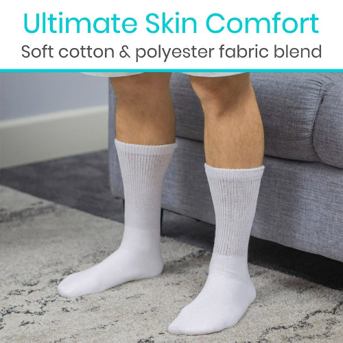 Vive Health Non-Binding Crew Socks, Breathable, Loose Fit, 6 Pairs, White, Large