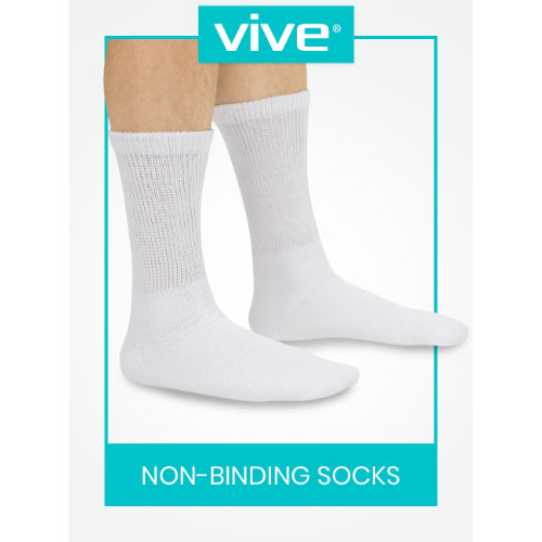 Vive Health Non-Binding Crew Socks, Breathable, Loose Fit, 6 Pairs, White, Large