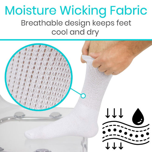 Vive Health Non-Binding Crew Socks, Breathable, Loose Fit, 6 Pairs, White, Small