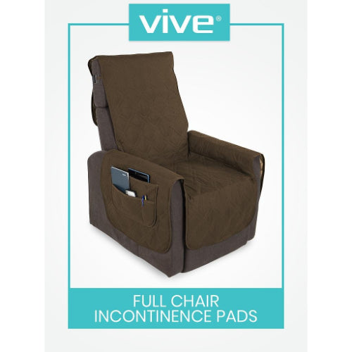 Vive Health Full Chair Incontinence Cover, Waterproof 26" Seat, Armrest Flap With Pockets, Brown