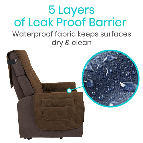 Vive Health Full Chair Incontinence Cover, Waterproof 26" Seat, Armrest Flap With Pockets, Brown
