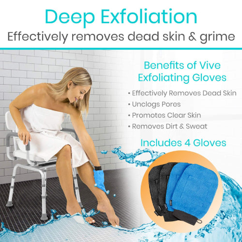 Vive Health Exfoliating Gloves with Suction Cup for Hanging, Black and Blue, 4-Pack, One Size