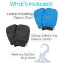 Vive Health Exfoliating Gloves with Suction Cup for Hanging, Black and Blue, 4-Pack, One Size