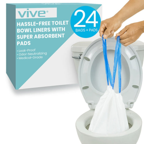 Vive Health Toilet Bowl Liners with Super Absorbent Pads, 24 Pack, Most Absorbent on Market, for Commodes Camping