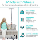 Vive Health 2-prong IV Pole, Adjustable Dual-Hook IV Stand with Locking Wheels