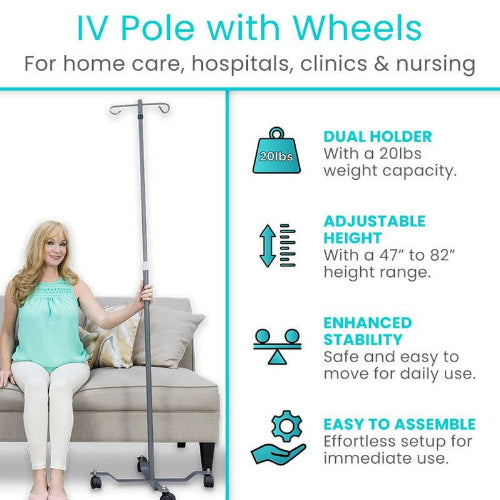 Vive Health 2-prong IV Pole, Adjustable Dual-Hook IV Stand with Locking Wheels