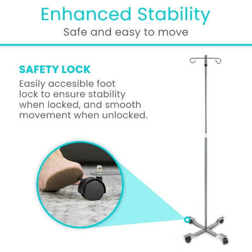 Vive Health 2-prong IV Pole, Adjustable Dual-Hook IV Stand with Locking Wheels