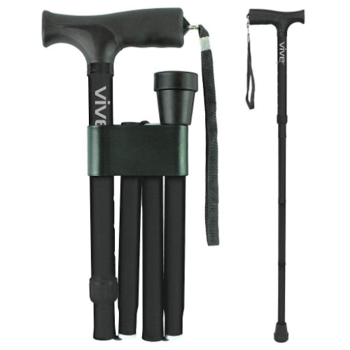 Vive Health Folding Cane, 33"-37" Height, Ergonomic Grip, Travel Clip And Pouch, Black