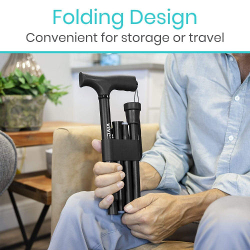 Vive Health Folding Cane, 33"-37" Height, Ergonomic Grip, Travel Clip And Pouch, Black