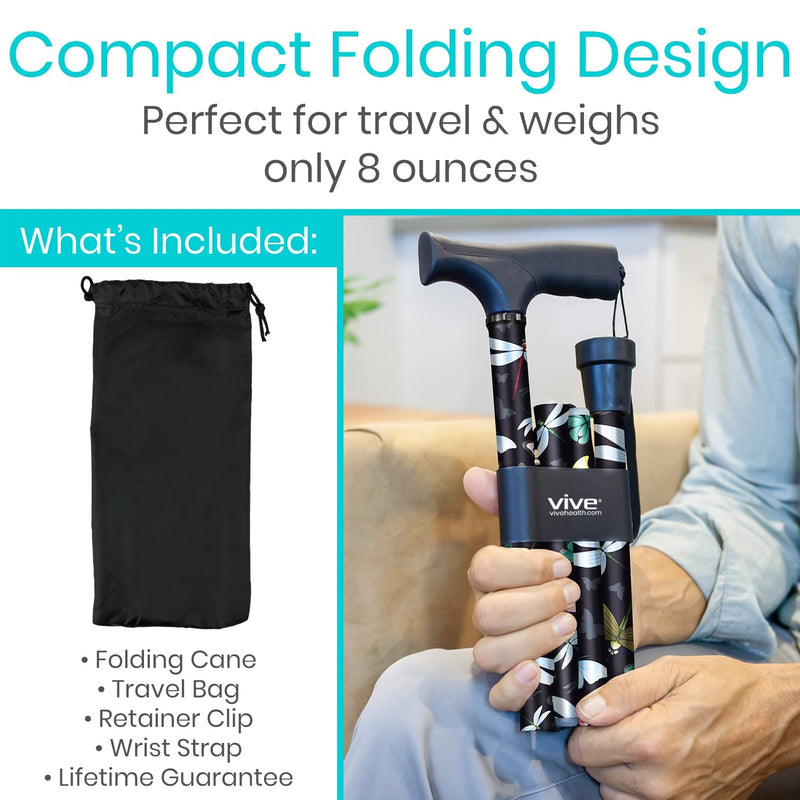 Vive Health Height Adjustable Folding Cane, 33 - 37 Inches, Dark Butterfly
