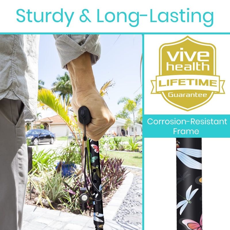 Vive Health Height Adjustable Folding Cane, 33 - 37 Inches, Dark Butterfly