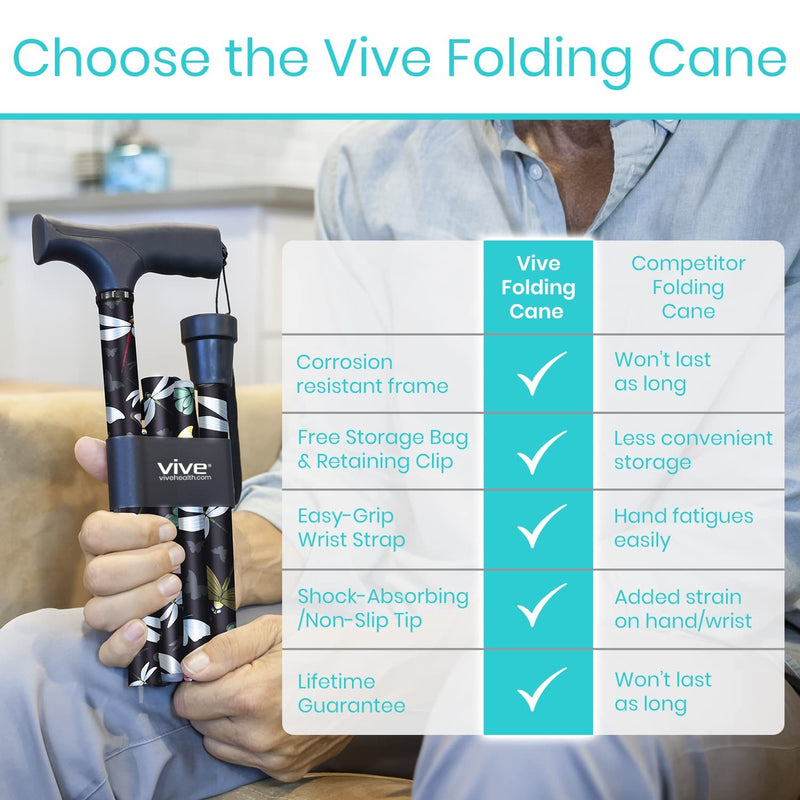 Vive Health Height Adjustable Folding Cane, 33 - 37 Inches, Dark Butterfly